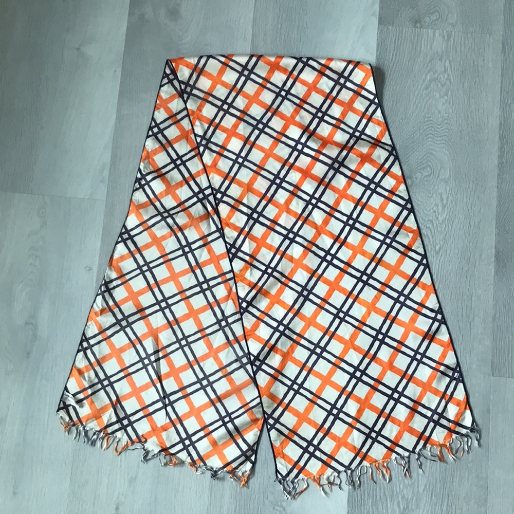 SATIN SCARF NOVA CHECK BLACK ORNAGE IVORY FRINGE HEM ADULT OS